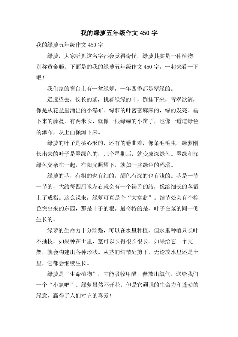 我的绿萝五年级作文450字