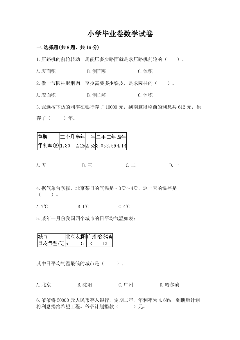 小学毕业卷数学试卷（能力提升）word版