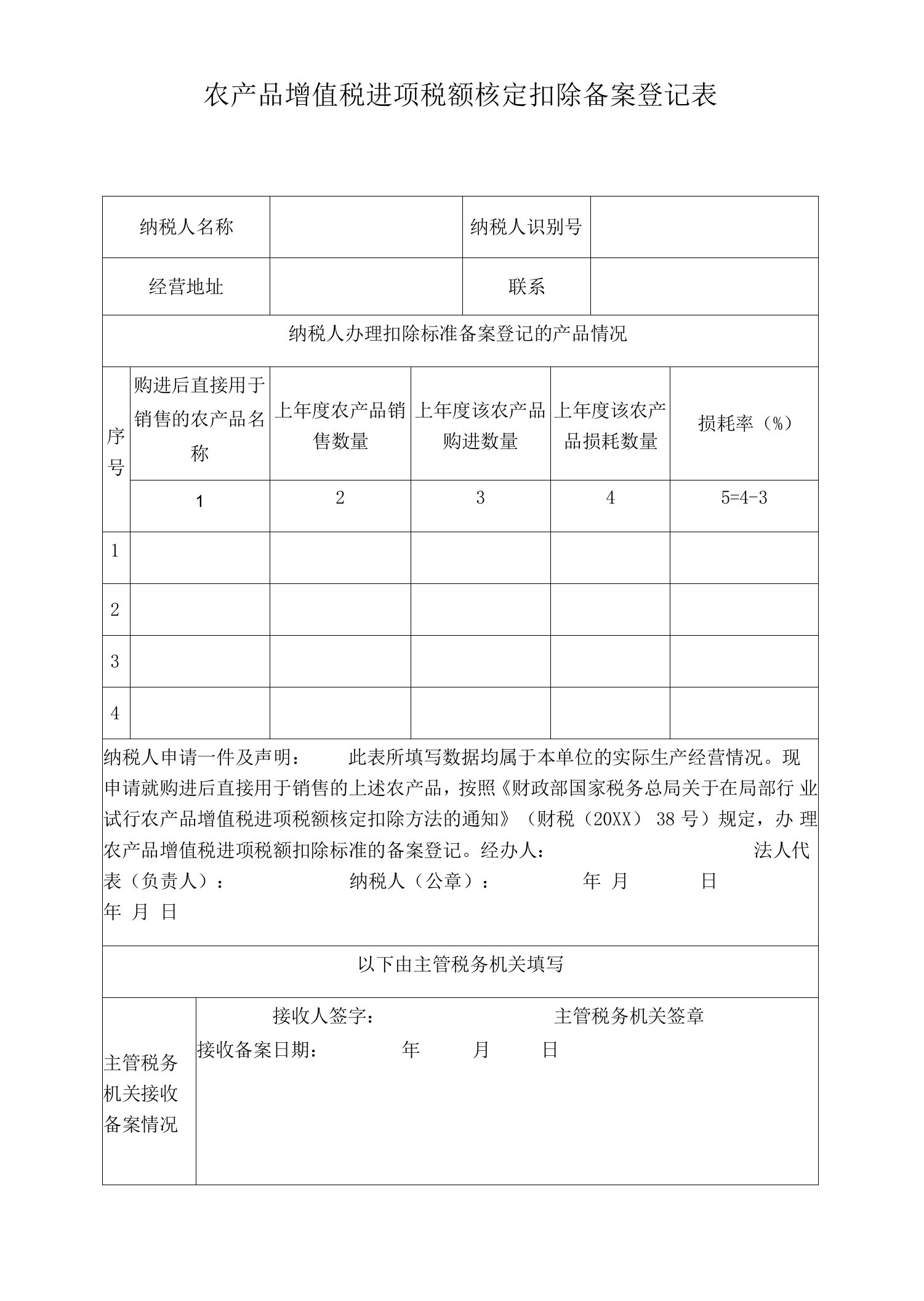 农产品增值税进项税额核定扣除备案登记表