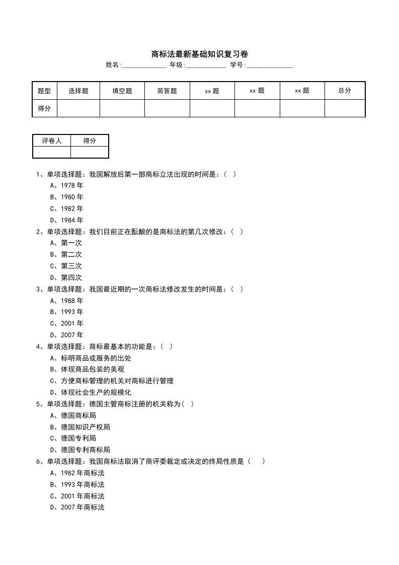 商标法最新基础知识复习卷