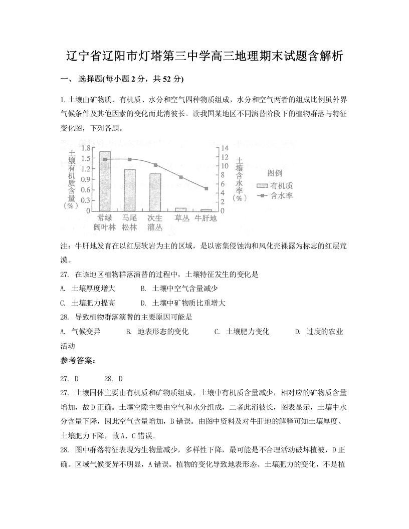 辽宁省辽阳市灯塔第三中学高三地理期末试题含解析