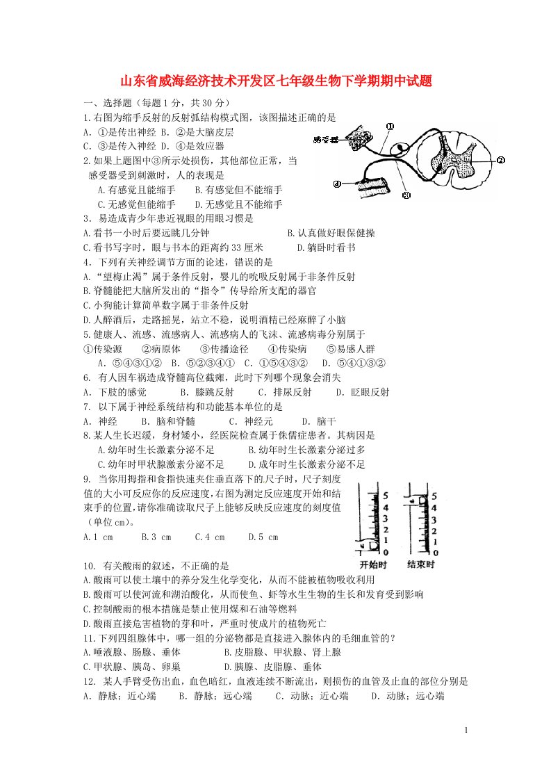 山东省威海经济技术开发区七级生物下学期期中试题