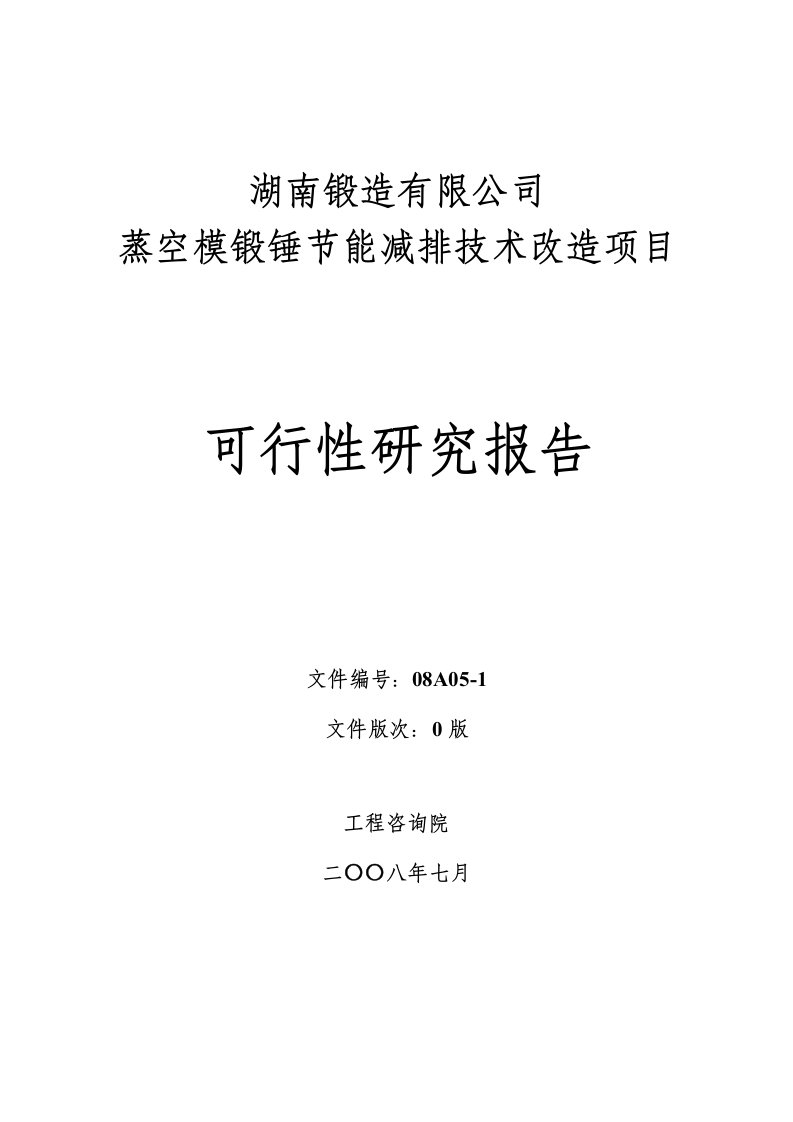 某锻造有限公司蒸空模锻锤节能减排技术改造项目可行性研究报告