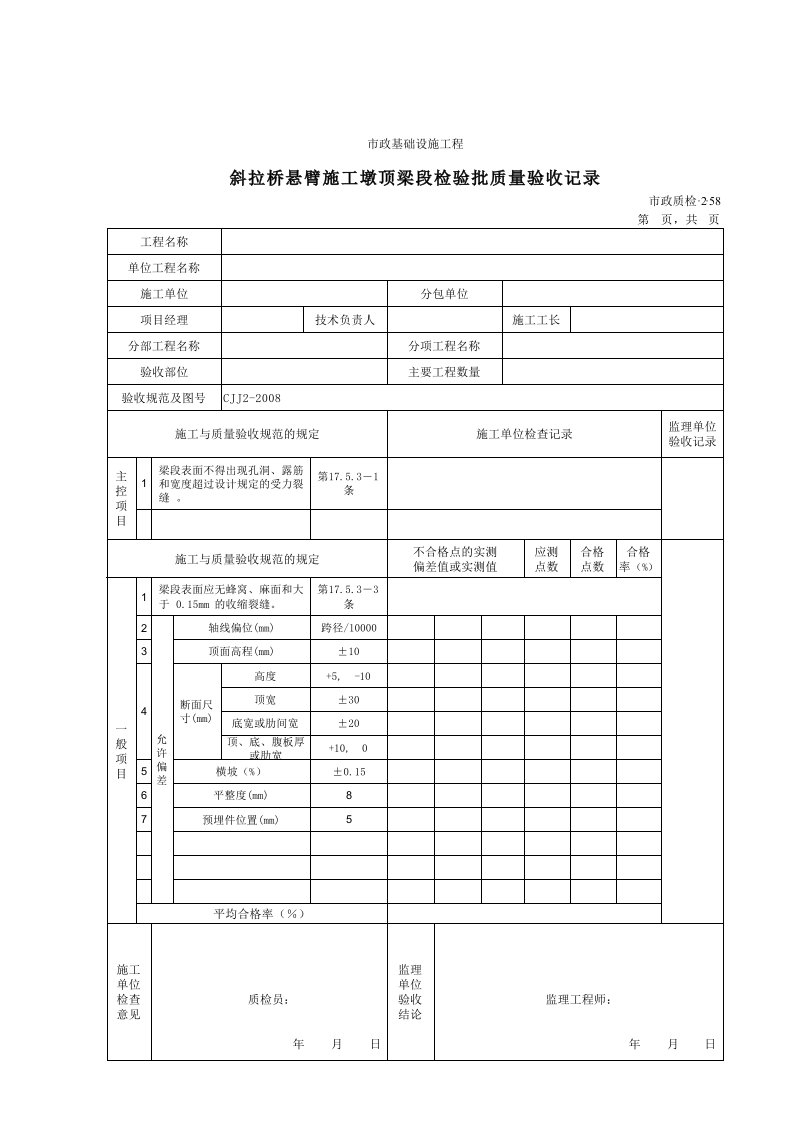 建筑工程-32058斜拉桥悬臂施工墩顶梁段检验批质量验收记录