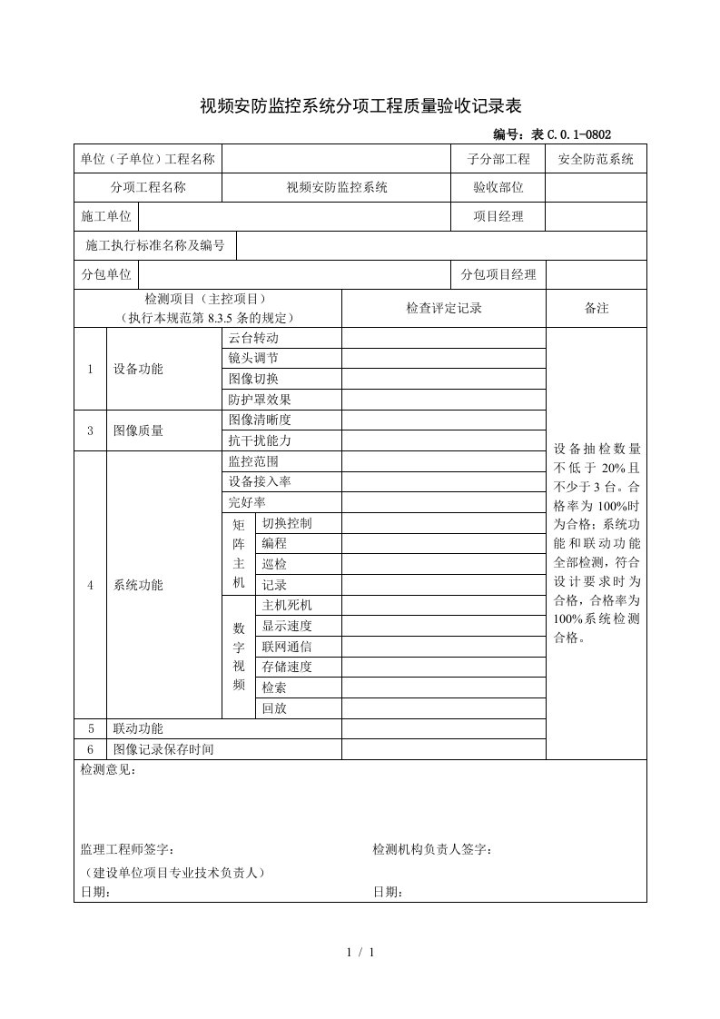 视频安防监控系统分项工程质量验收记录表