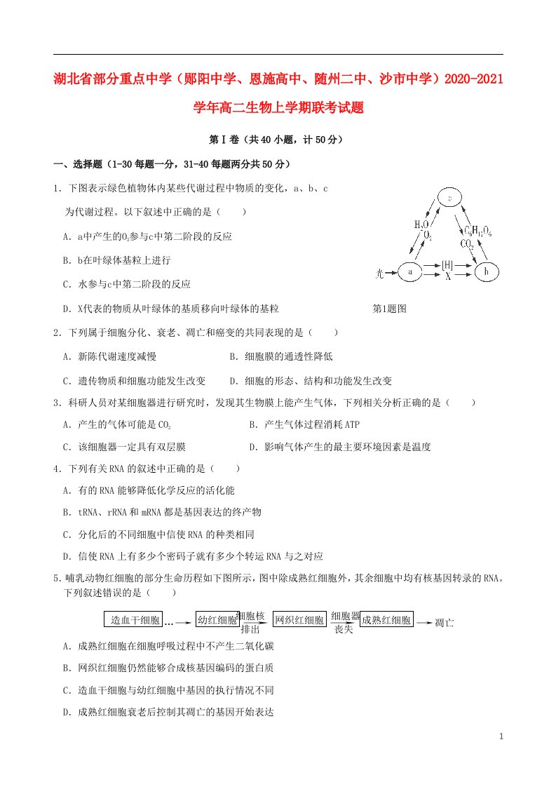 湖北省部分重点中学郧阳中学恩施高中随州二中沙市中学2020_2021学年高二生物上学期联考试题