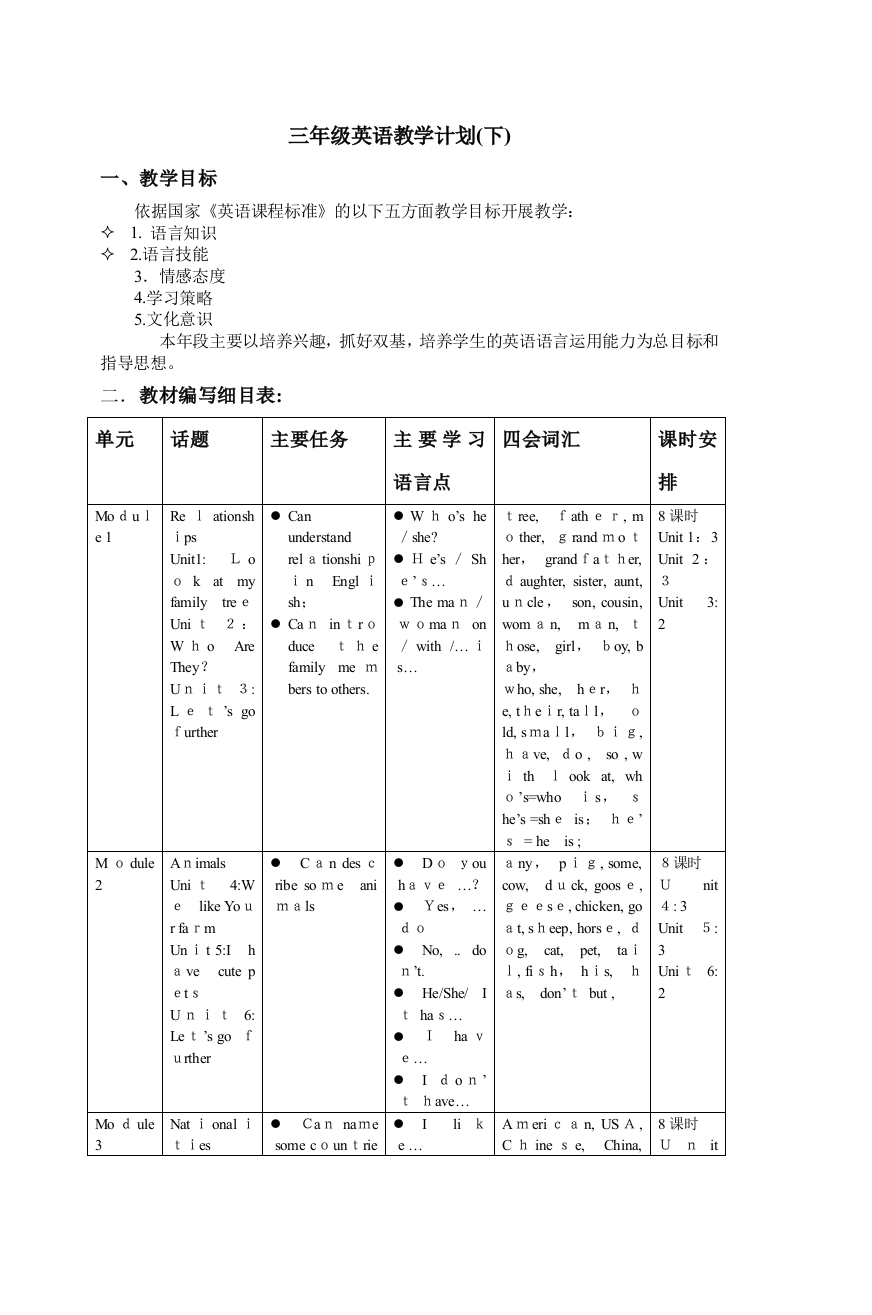 三年级英语教学计划下