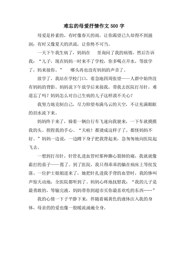 难忘的母爱抒情作文500字