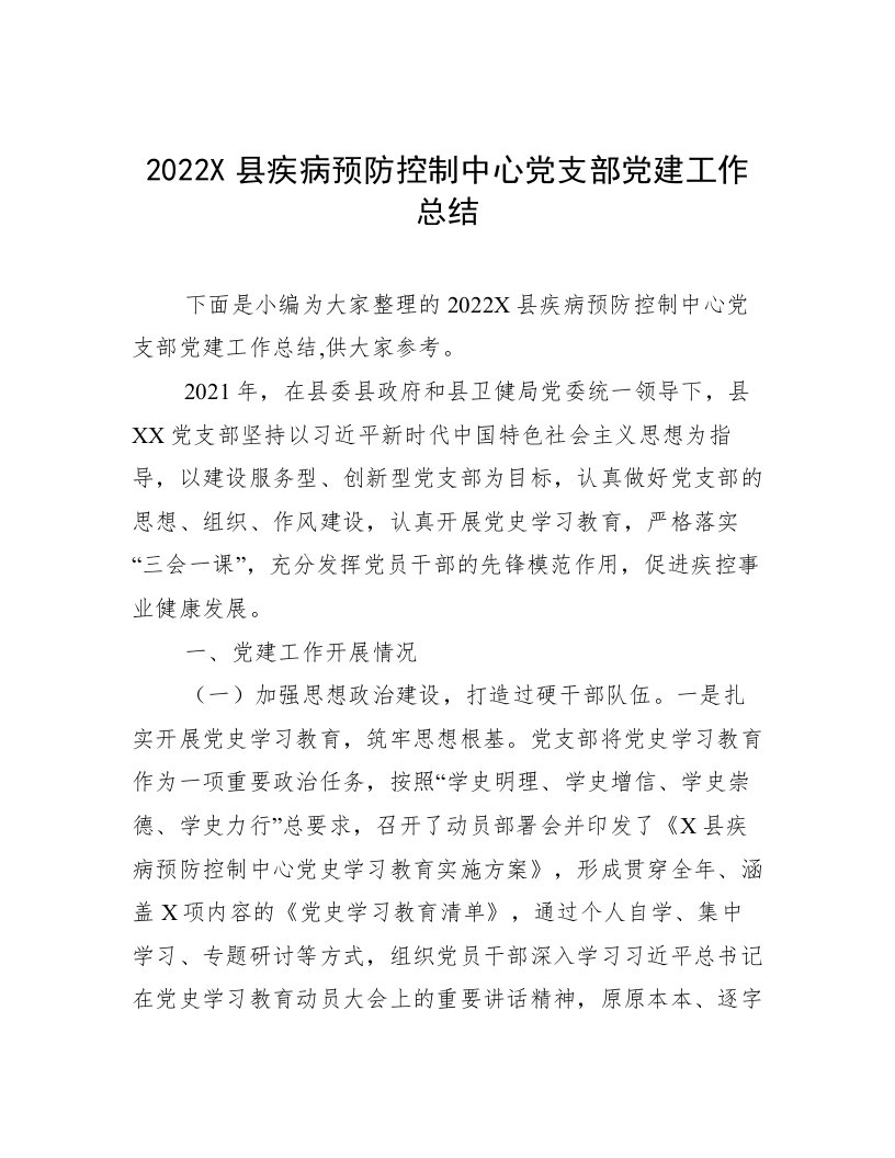 2022X县疾病预防控制中心党支部党建工作总结