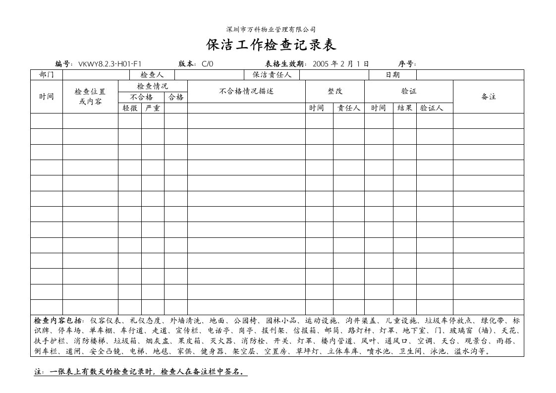 万科公司保洁工作检查记录表