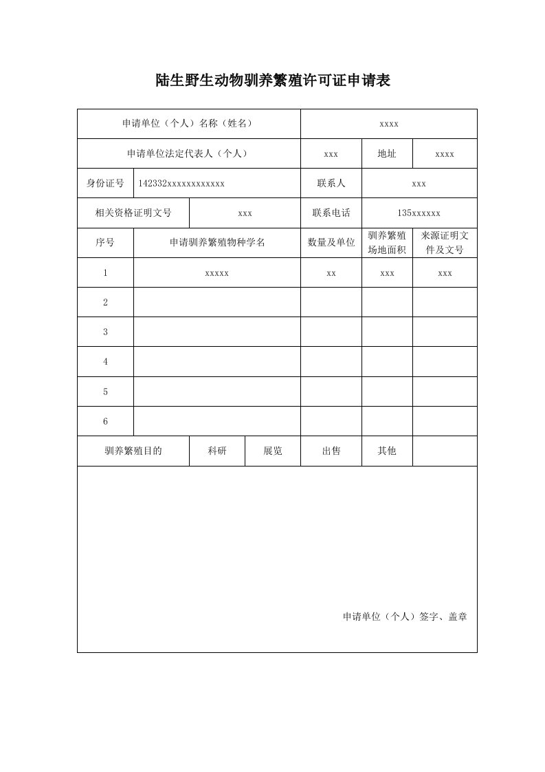 陆生野生动物驯养繁殖许可证申请表