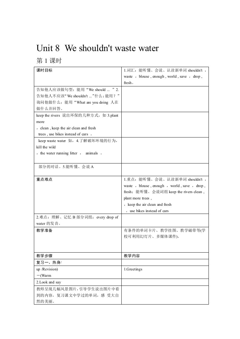 2019六年级上册英语教案Unit8Weshouldntwastewater湘少版语文