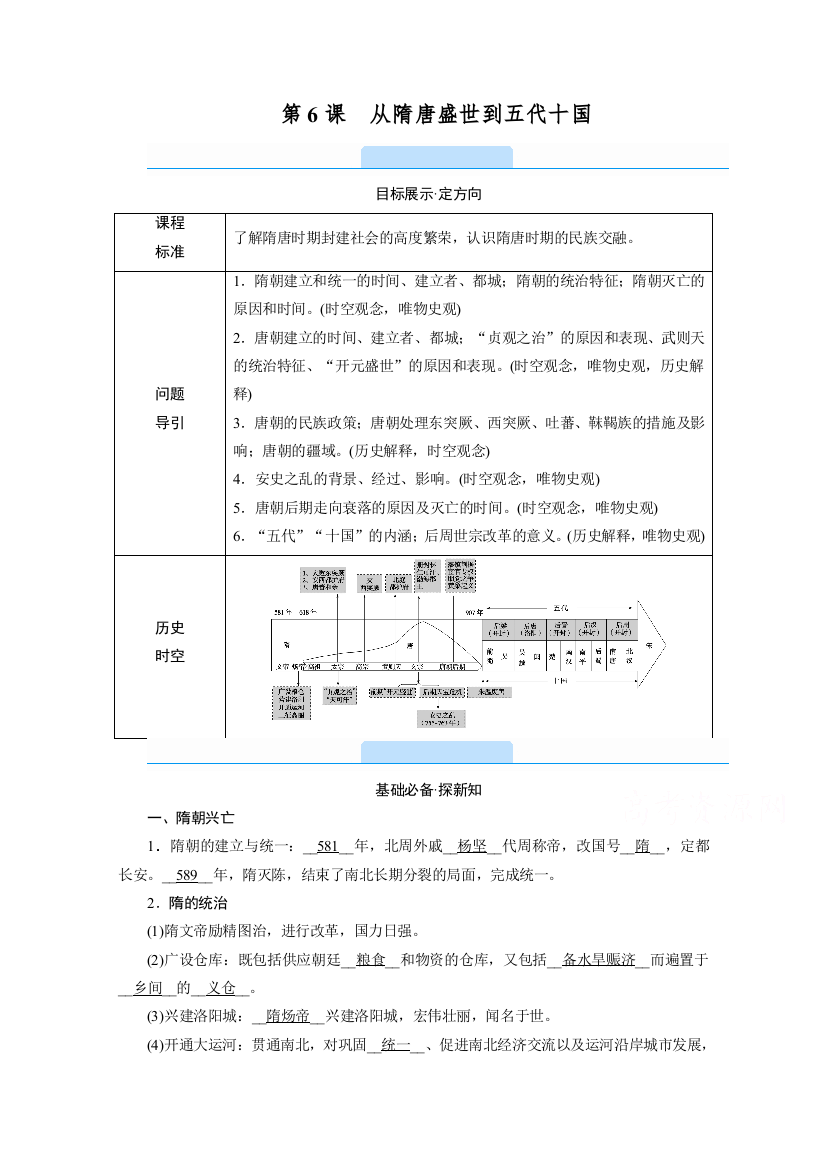 新教材2021-2022学年高中部编版历史必修中外历史纲要（上）学案：第6课　从隋唐盛世到五代十国