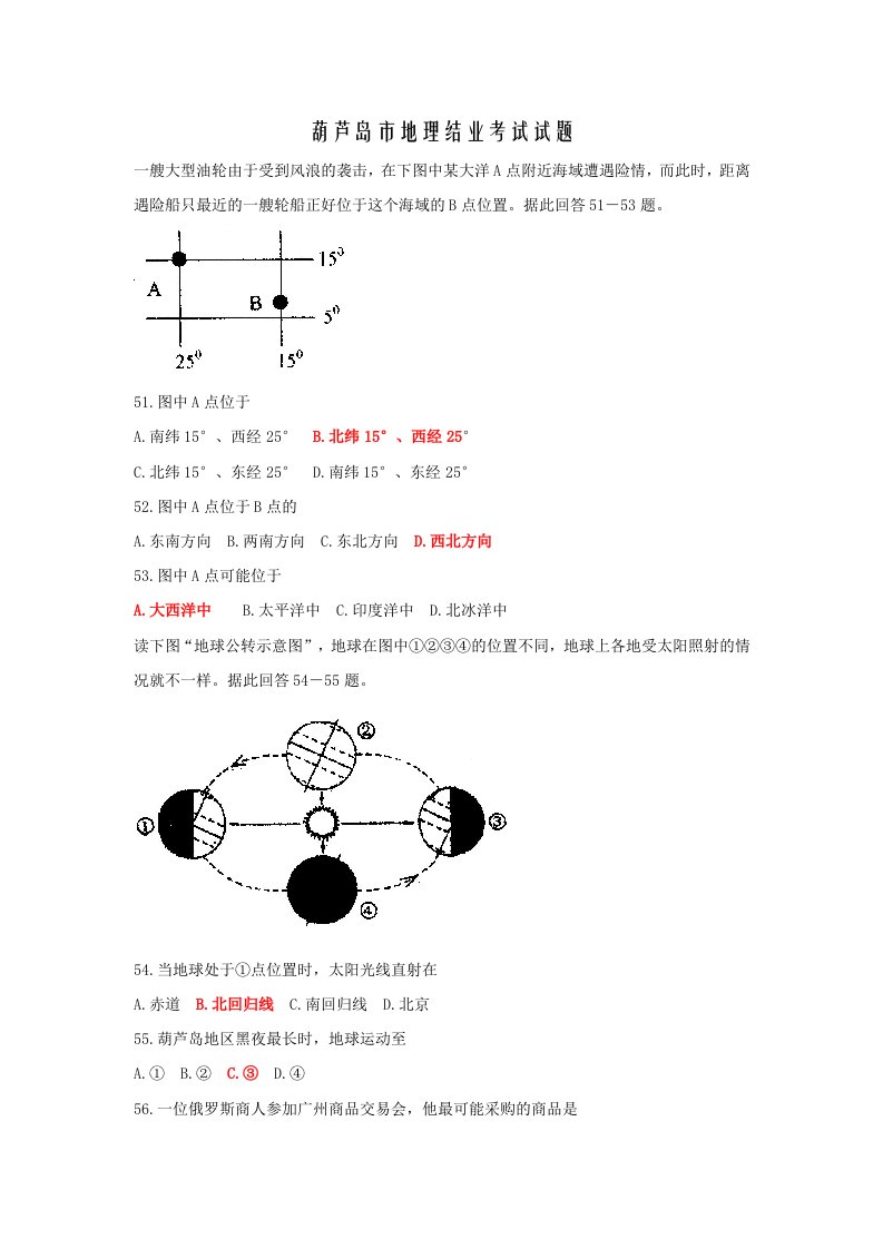 葫芦岛市初中地理结业考试试卷及答案