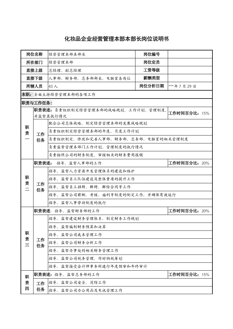 化妆品企业经营管理本部本部长岗位说明书