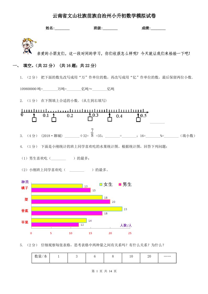 云南省文山壮族苗族自治州小升初数学模拟试卷