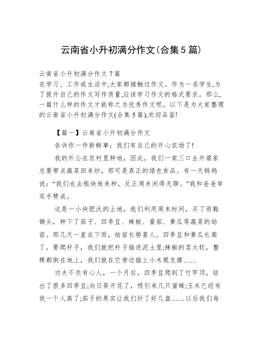 云南省小升初满分作文(合集5篇)