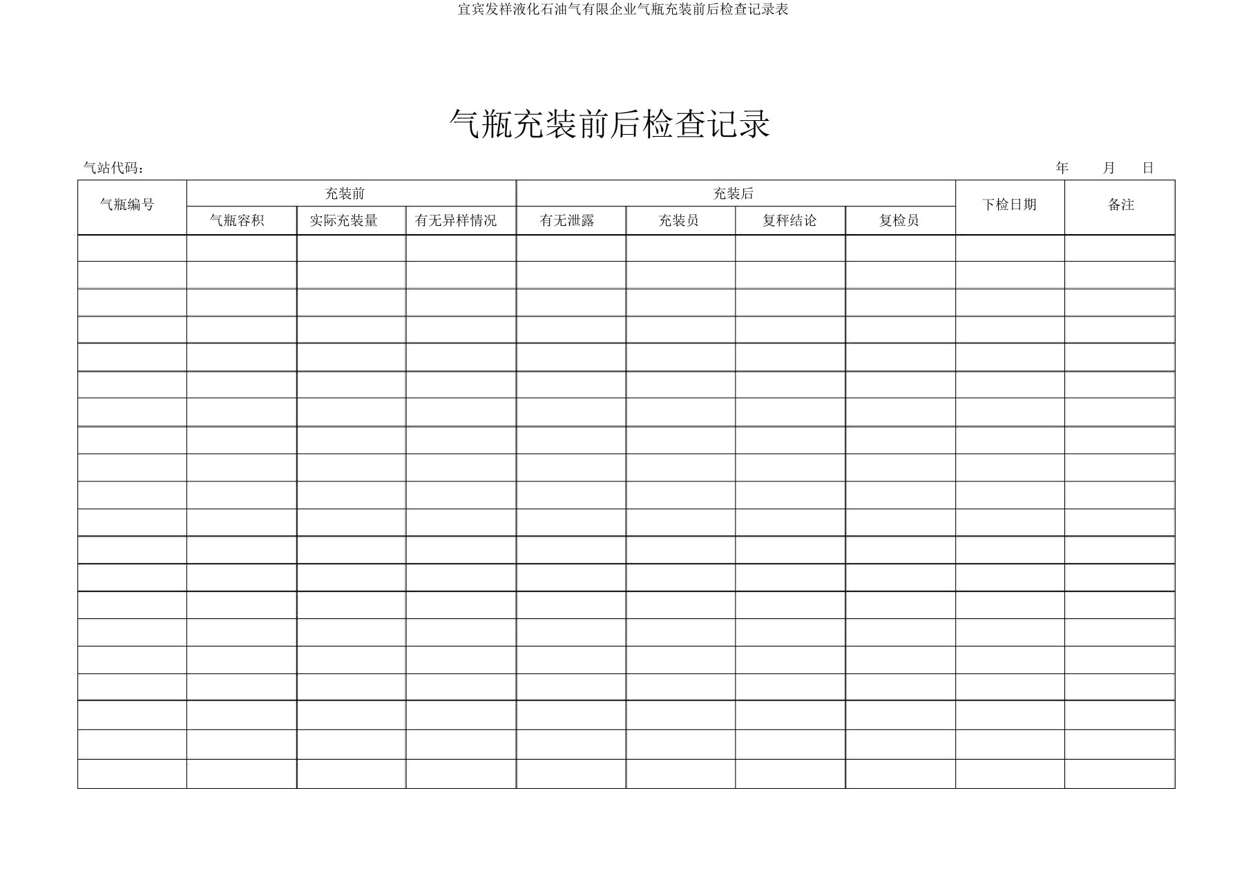 宜宾发祥液化石油气有限公司气瓶充装前后检查记录表