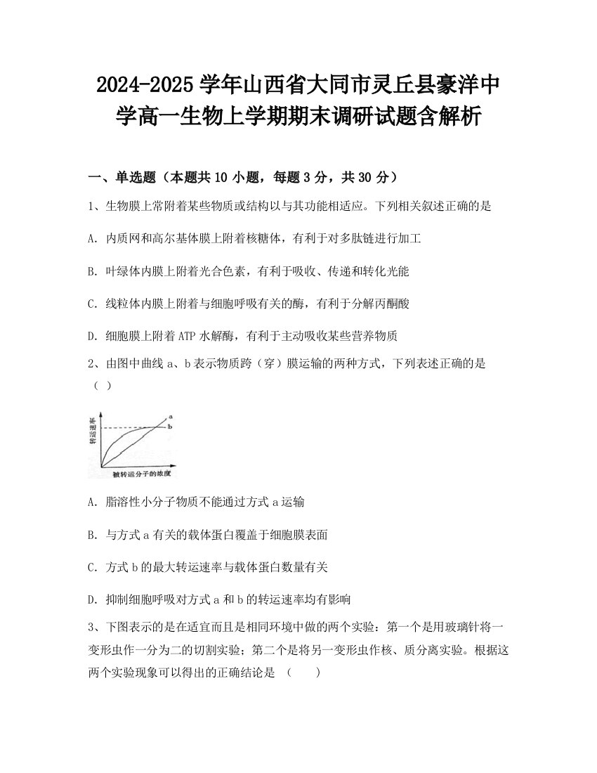 2024-2025学年山西省大同市灵丘县豪洋中学高一生物上学期期末调研试题含解析