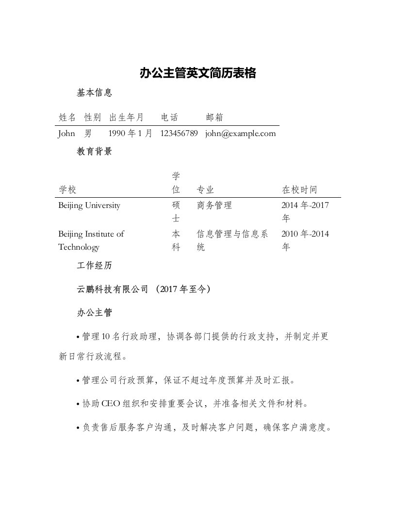 办公主管英文简历表格