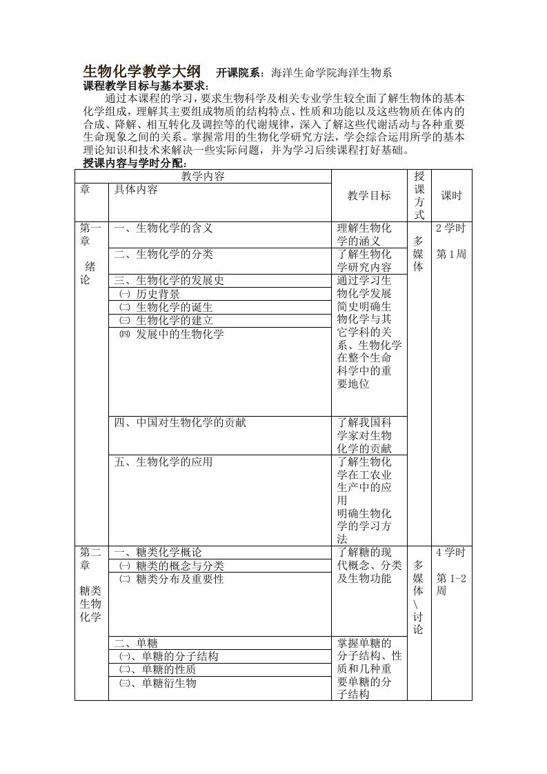 生物化学课程教学大纲