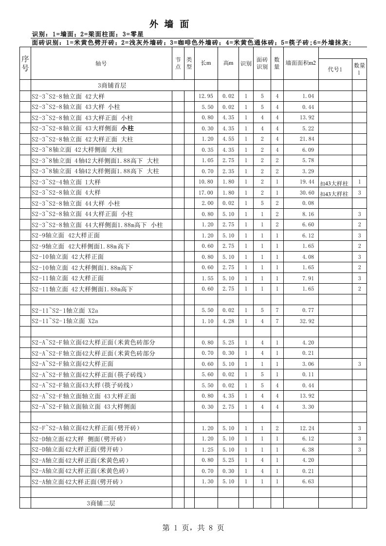 建筑外墙工程量计算书(造价专用)外墙贴砖装饰计算表