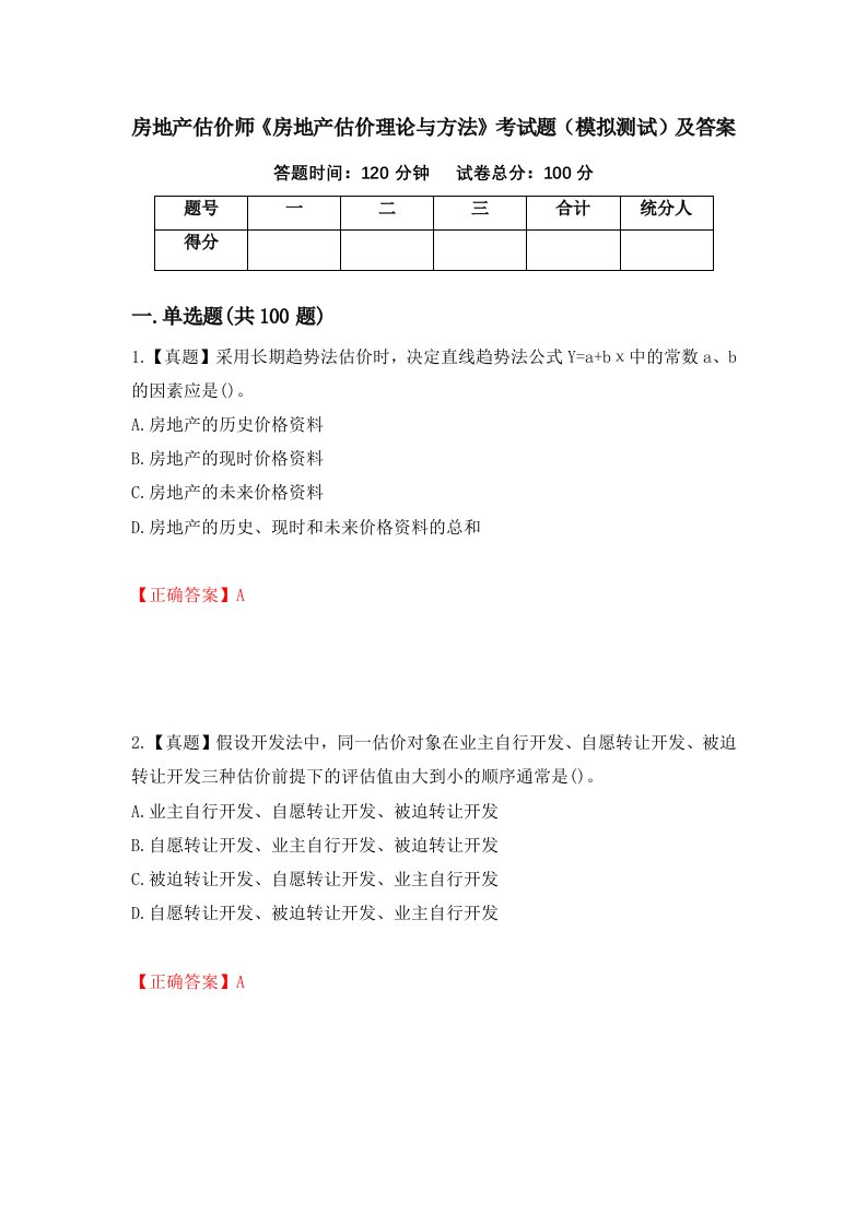 房地产估价师房地产估价理论与方法考试题模拟测试及答案第54次