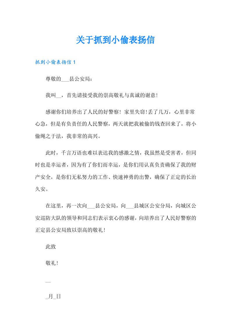 关于抓到小偷表扬信