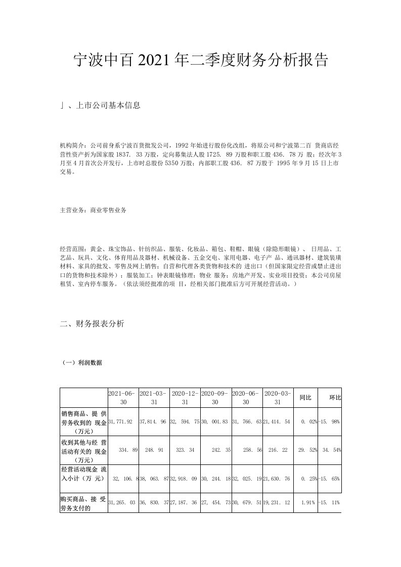 宁波中百2021年二季度财务分析报告