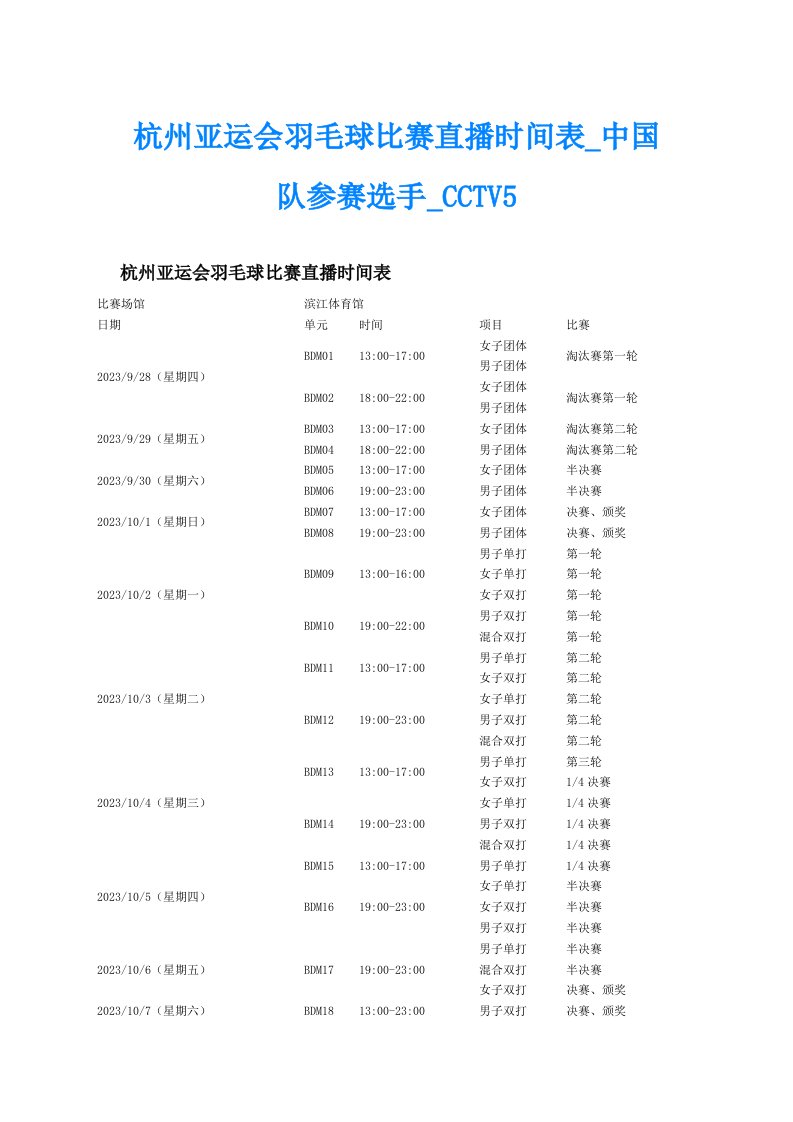 杭州亚运会羽毛球比赛直播时间表_中国队参赛选手_CCTV5