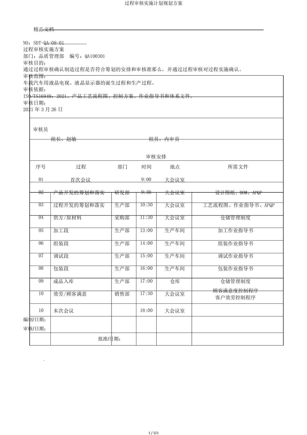 过程审核实施计划规划方案