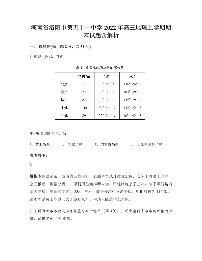 河南省洛阳市第五十一中学2022年高三地理上学期期末试题含解析