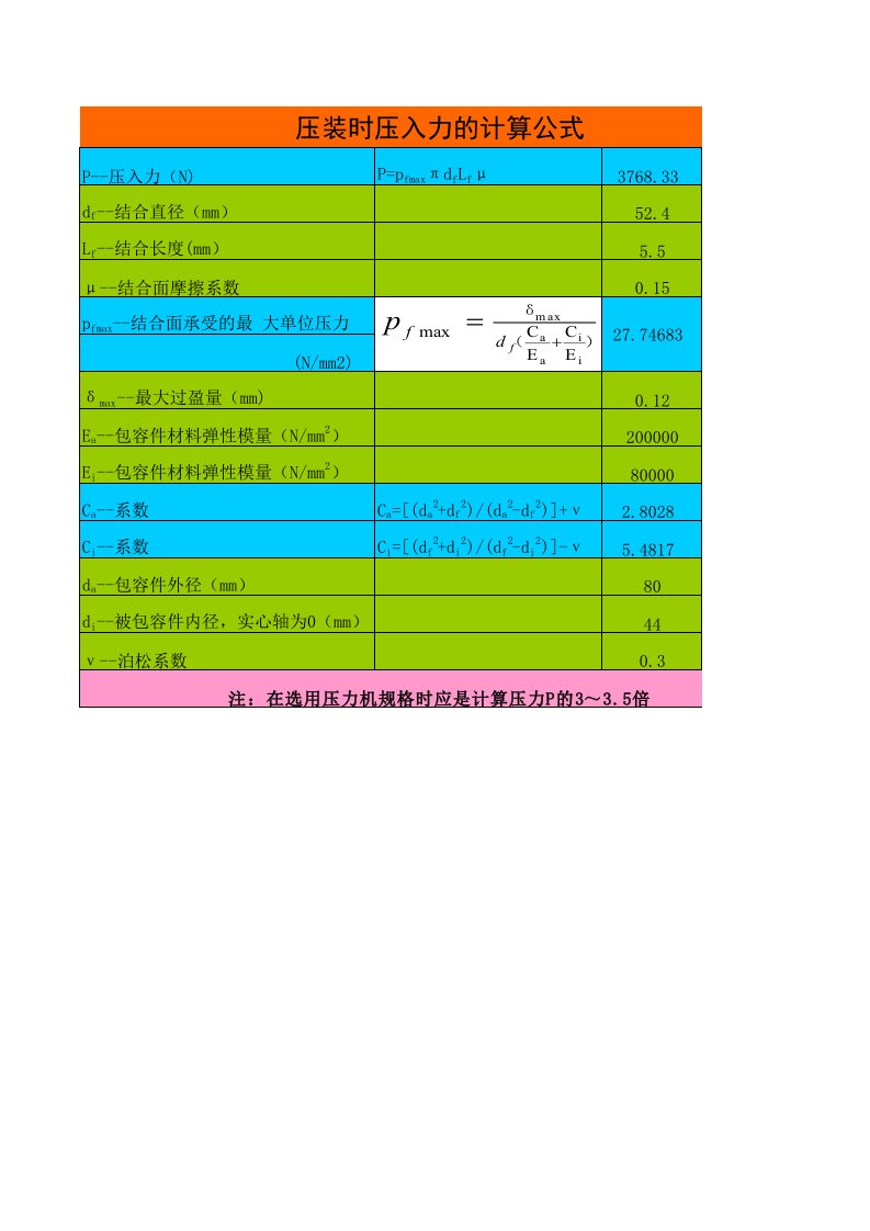 压装时压入力的计算公式