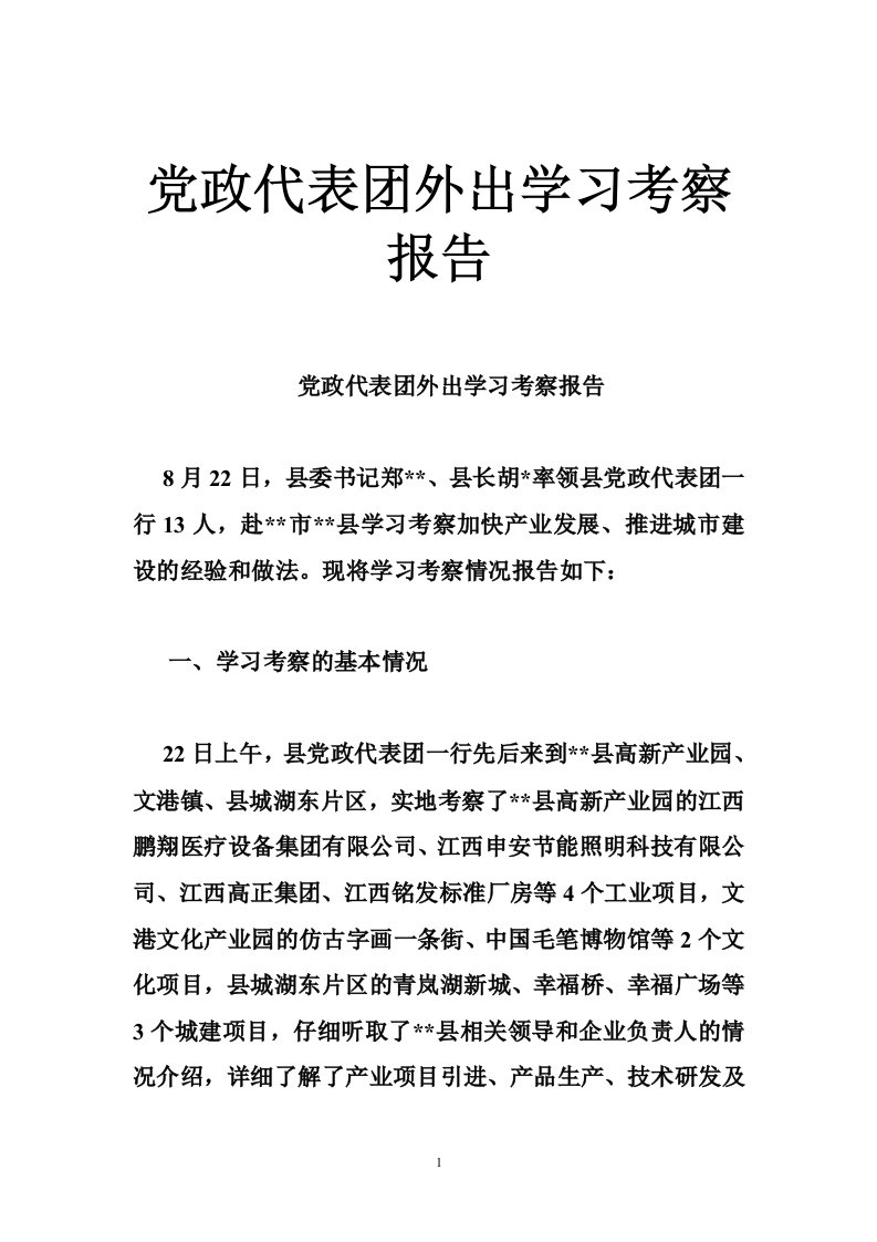 党政代表团外出学习考察报告