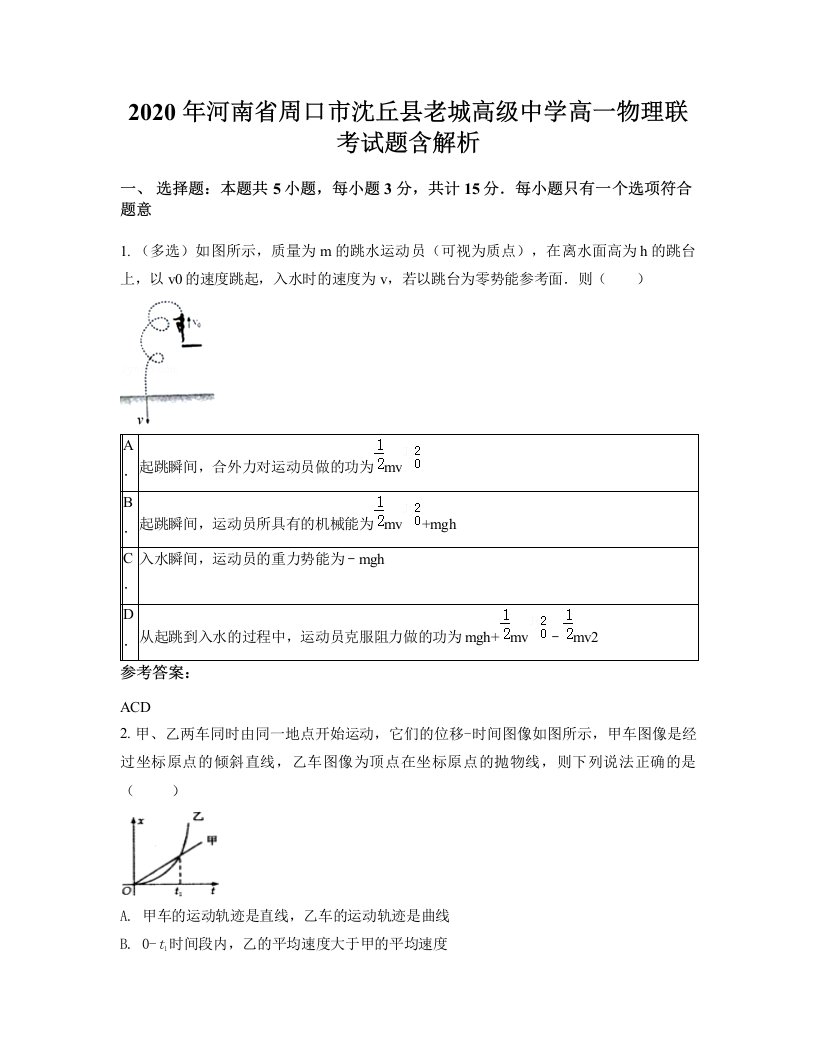 2020年河南省周口市沈丘县老城高级中学高一物理联考试题含解析