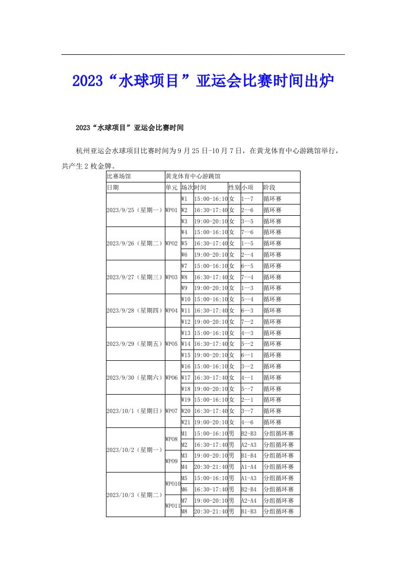 2023“水球项目”亚运会比赛时间出炉