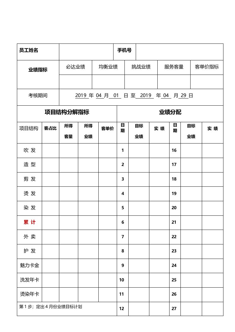 个人绩效计划表美发部