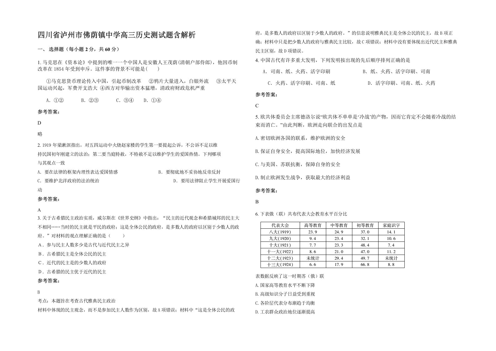 四川省泸州市佛荫镇中学高三历史测试题含解析