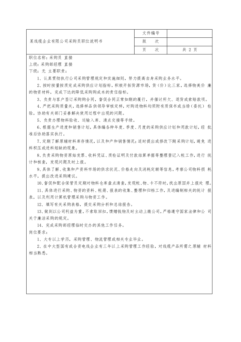 某线缆企业有限公司采购员职位说明书