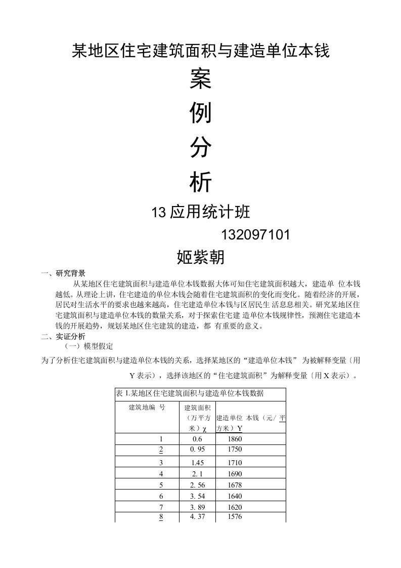 某地区住宅建筑面积与建造单位成本案例分析