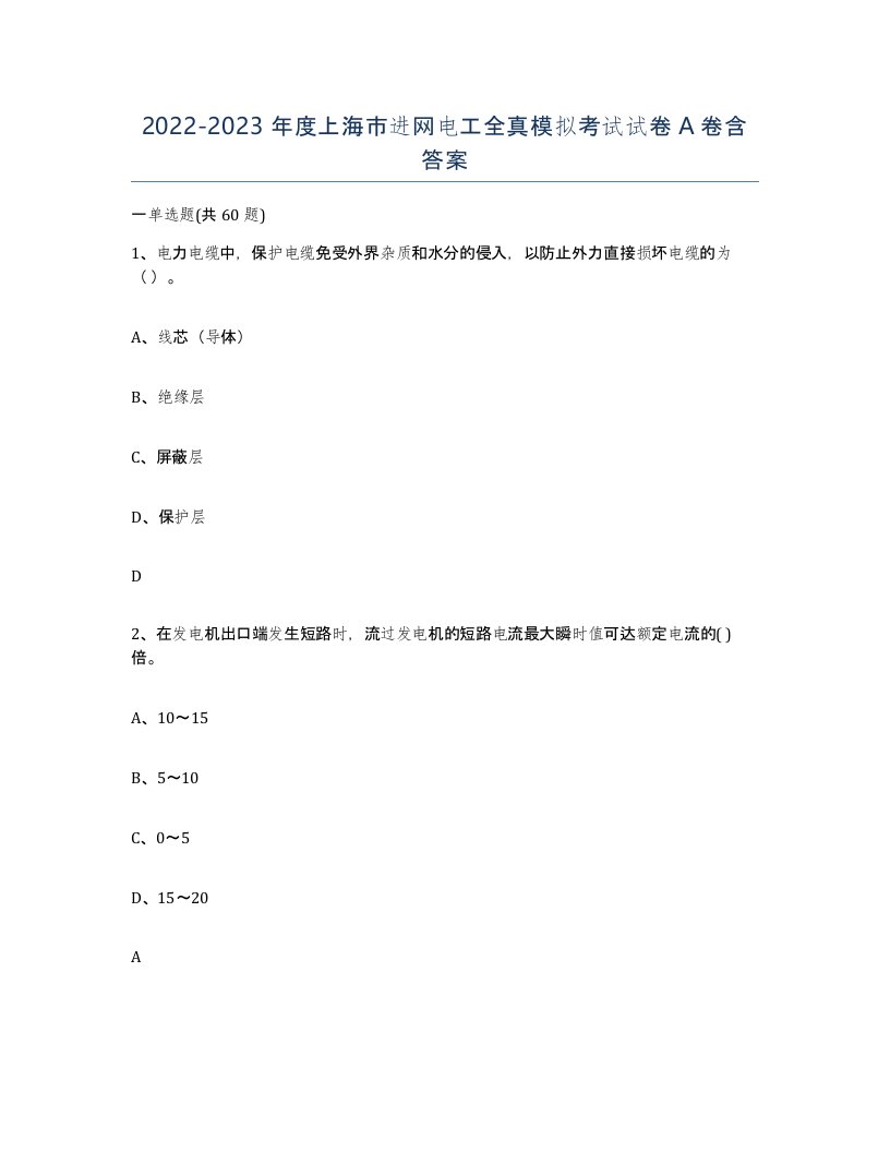 2022-2023年度上海市进网电工全真模拟考试试卷A卷含答案