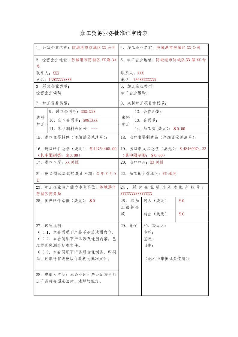 加工贸易业务批准证申请表