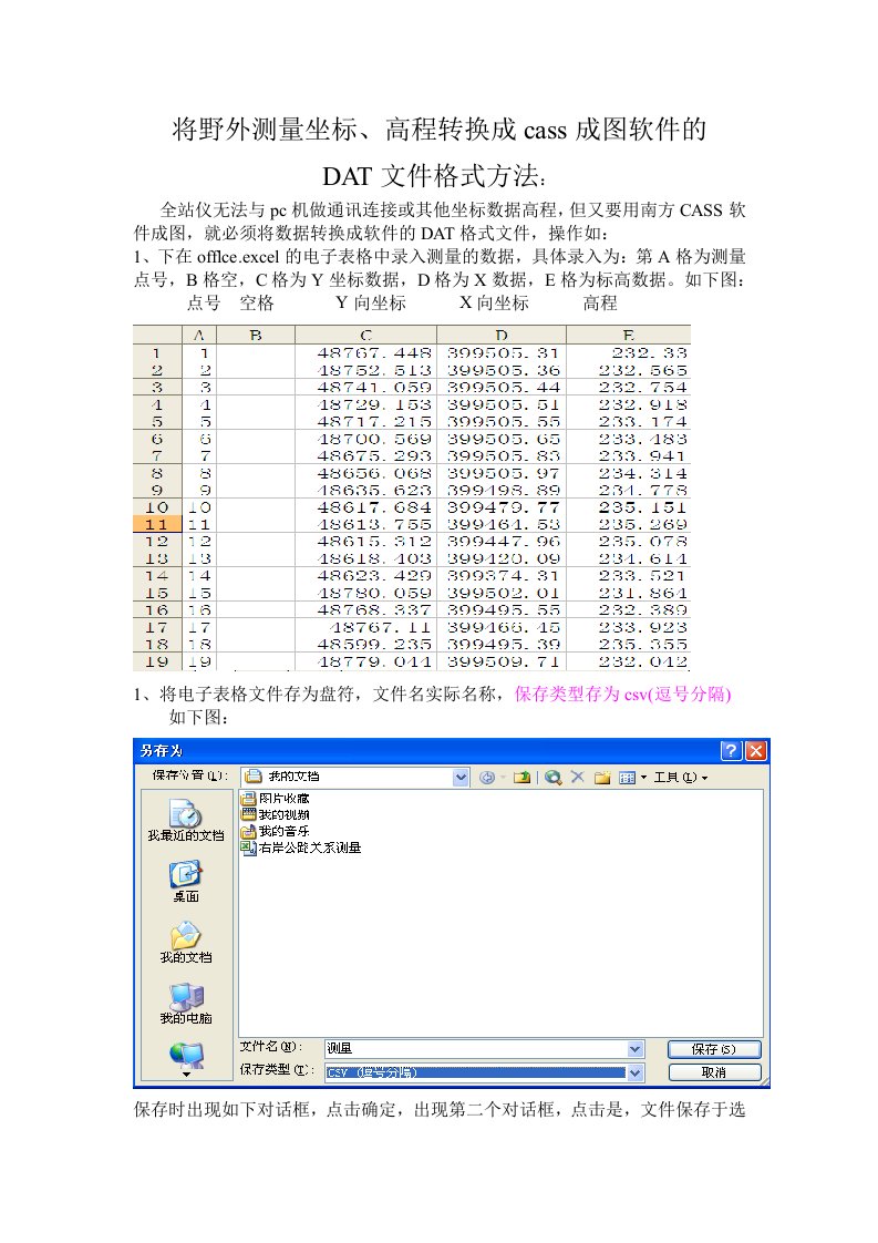 测量坐标高程转换成CASS软件的DAT格式方法