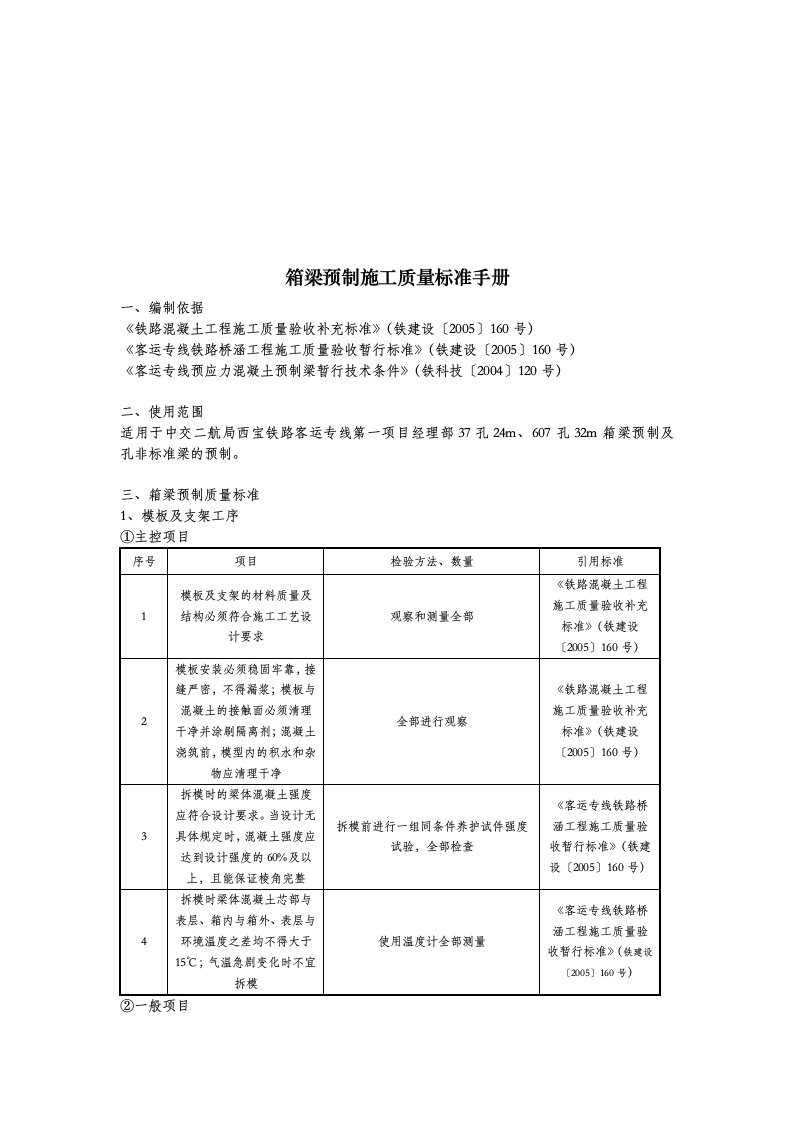 箱梁预制施工质量标准手册范本