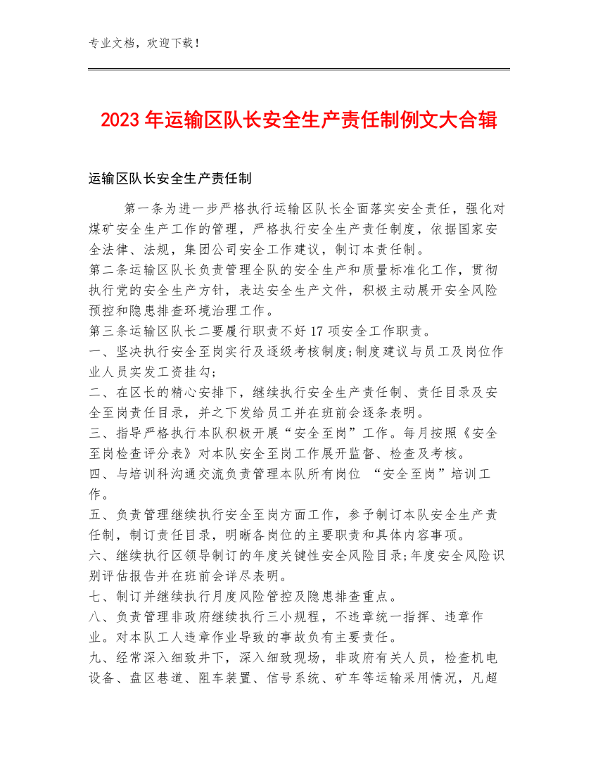 2023年运输区队长安全生产责任制例文大合辑