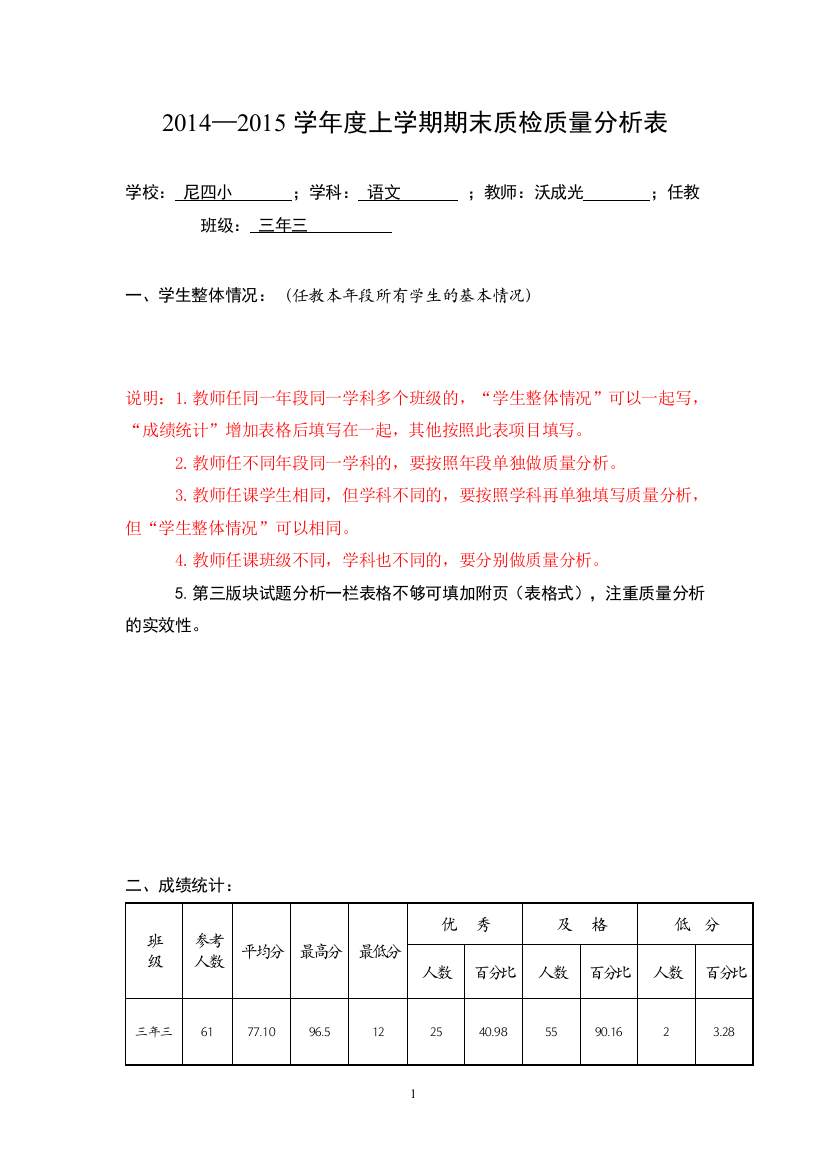 表四：小学期末质检学科质量分析样表33