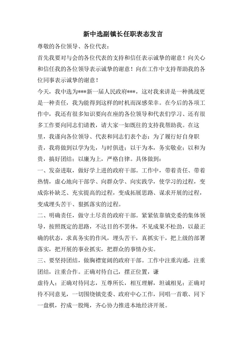 新当选副镇长任职表态发言