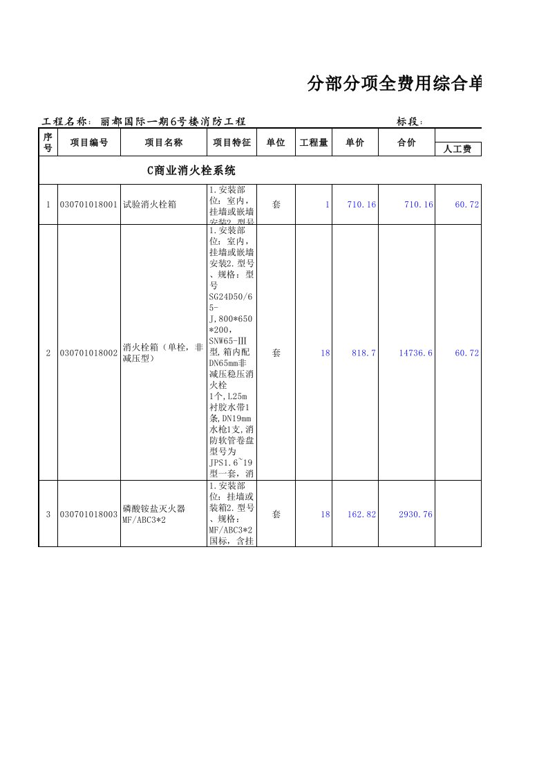 表格模板-丽都国际一期6号楼消防工程分部分项全费用综合单价分析表010101