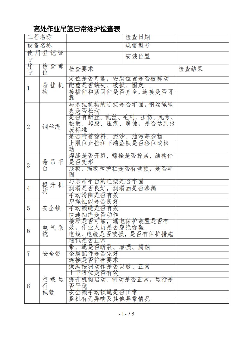 高处作业吊篮日常维护检查表