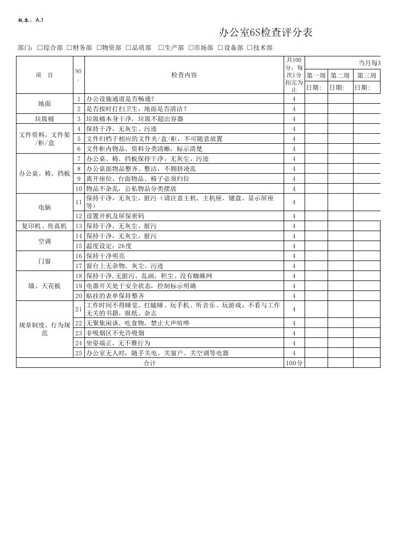 办公室6S检查评分表